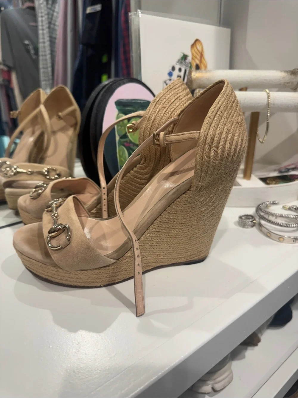 Gucci Tan Suede Wedge Sandals with Gold Horsebit